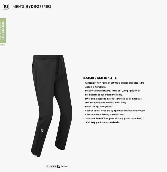 Pantalon FootJoy DryJoys HydroTour Imperméable – Noir, XL, Jambe 32″ (neuf)